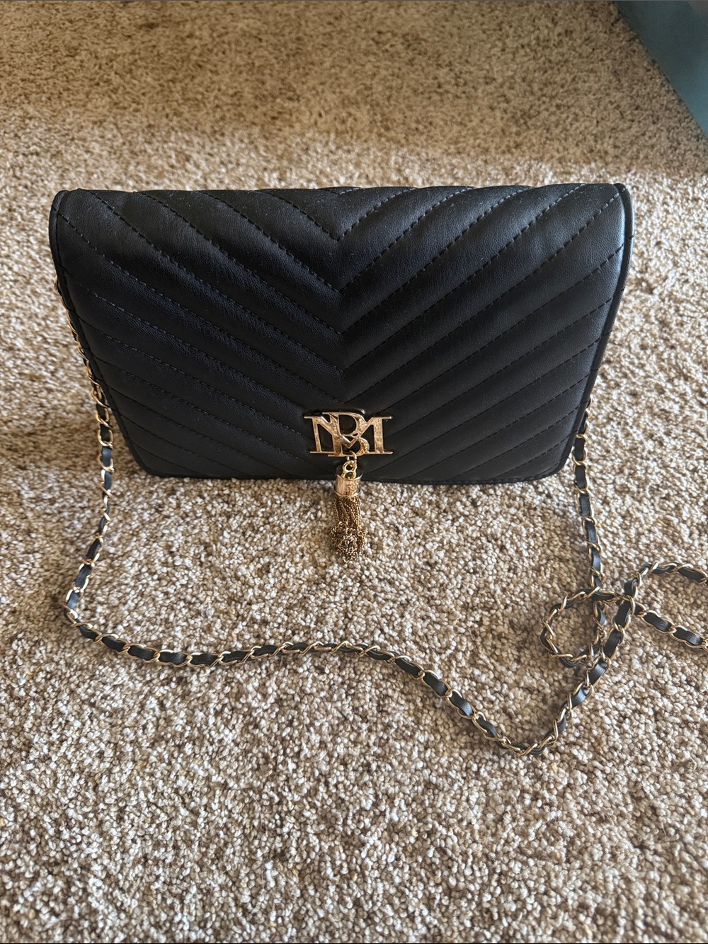 Badgley Mischka Black Quilted Crossbody with Gold Hardware and Tassel